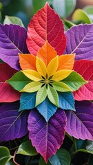 Photorealistic close-up of symmetric mandala crafted from rainbow-gradient bird feathersâ€”purple, red, orange, yellow, green, blueâ€”in fan-like pattern with detailed core