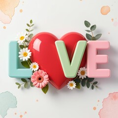 Photo-realistic 'LOVE' typography with soft gradient colors (teal, mint, pink), central glossy red heart, surrounded by realistic watercolor-inspired flowers (yellow, coral, peach) and green foliage