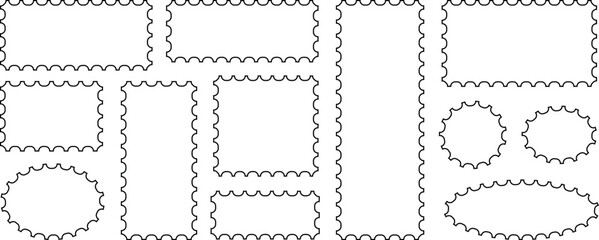 Postage stamp borders collection, Blank postage stamp. Post stamp frame, Clean postage stamp template. Postage icon. Scallop crayon emblem, outline silhouette postage stamp icon