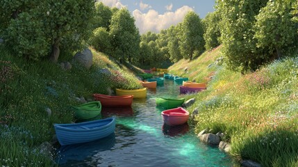 Colorful boats in a stream