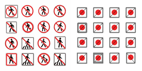 Diverse Collection of Prohibition Signs with Pedestrian and Red Circle Symbols