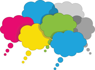 Colorful Overlapping Speech Bubbles on White Background Representing Communication