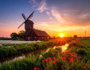 Scenic windmill at sunset over a canal