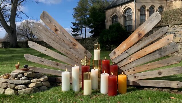 Assemblage of Wax Tapers on Antiquated Timber Surface with Angelic Sculptures