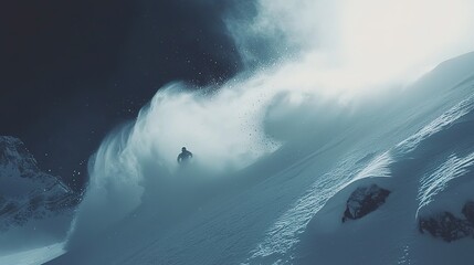 A lone skier carving through fresh powder on a snowy mountain slope