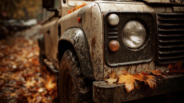 Muddy off-road vehicle with autumn leaves