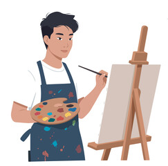 Artist at Work A Painter Creating Art on Canvas, Holding Palette and Brush, Studio Life Concept