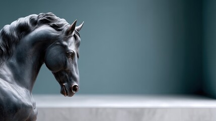 Bronze Horse Head Sculpture in Cinematic HDR with Smooth Turquoise Background