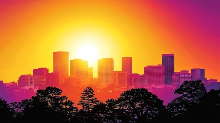 Bright orange sunset illuminating the skyline with silhouettes of trees