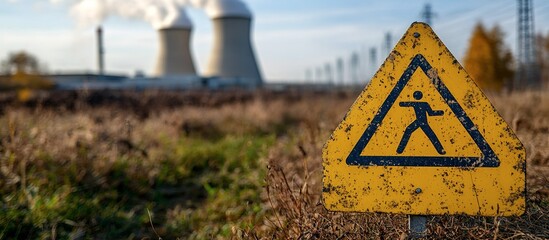 A yellow danger sign near a power plant warning people