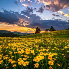 Panoramic sunset over a vibrant yellow flower field