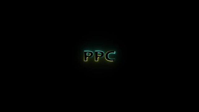 cyan and yellow color glowing neon ppc text animation on black background.