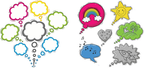 Colorful Doodle Thought Bubbles and Speech Balloons with Various Concepts