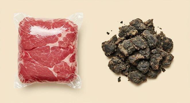 Fresh meat wrapped properly beside spoiled meat