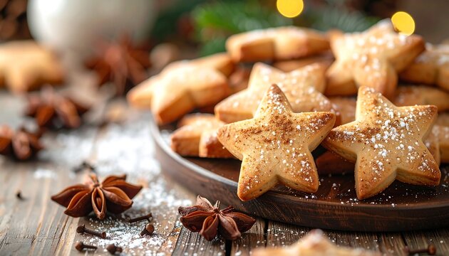 Christmas star-shaped cookies on a rustic wooden platter