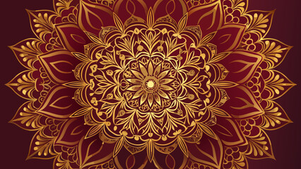 Golden floral mandala on a dark red gradient background