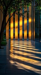 Golden Sunlight Creating Long Shadows Across an Architectural Pathway