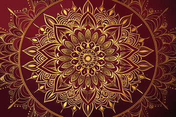 Golden mandala with intricate details on maroon background