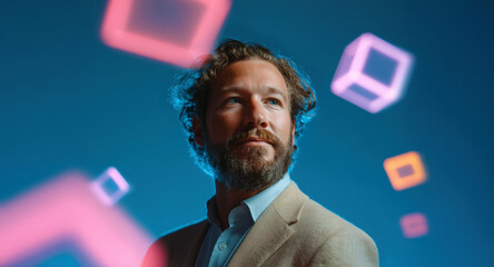 Modern tech leadership portrait of bearded man with glowing neon 3D cubes
