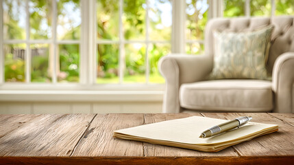 Rustic wooden table with a pen, notebook, and sunlit window background.
