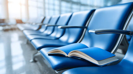Rows of empty blue seats stretch through a bright airport terminal with open book
