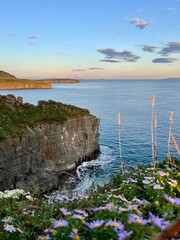 Scenic coastal landscape at sunset with rugged cliff edge dropping sharply to the ocean below, where gentle waves break against the rocks