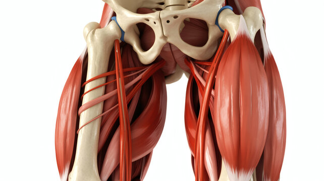 Anatomical illustration of the human thigh muscles and skeletal structure of the pelvis and femur on a white background