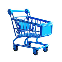 A vibrant, glossy, vivid blue shopping cart stands out against a stark black background.