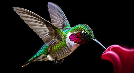 Obraz premium Detailed Colorful Hummingbird Drinking Nectar from Bloom on Dark Background