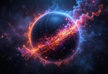 Obraz premium Cosmic Cricket A mesmerizing fusion of sports and space, with a cricket ball ablaze in the colors of a distant galaxy.