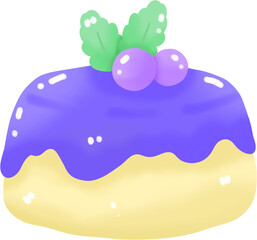 Cute blueberry pudding dessert with purple cream topping and green leaves illustration