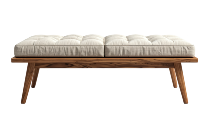A light beige upholstered wooden bench with tufted cushions displays a mid-century modern design against a black backdrop.