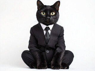 Black Cat in Stylish Suit Sitting Against a White Background