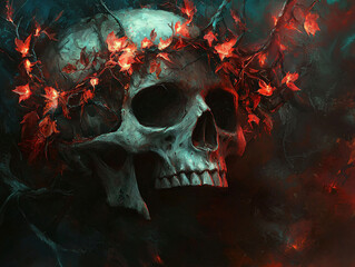 Skull Surrounded by Vivid Red Ivy Leaves on Dark Background