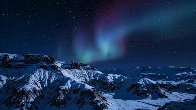A moody time-lapse reveals the slow ebb and flow of a deep blue and crimson aurora over ancient, snow-dusted rock formations planet, earth, mystery