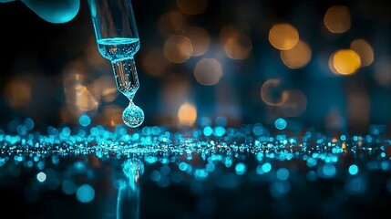 A pipette dispensing a drop of liquid with shimmering bokeh effects