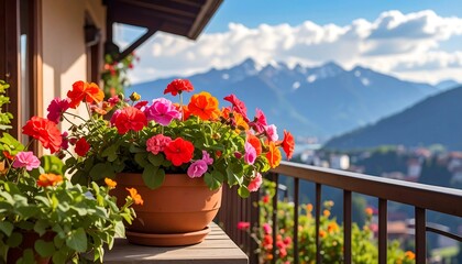 Colorful flowers on a balcony with a mountain view