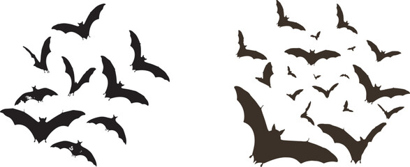 Set of Two Flying Bat Colonies in Silhouette Against a White Background
