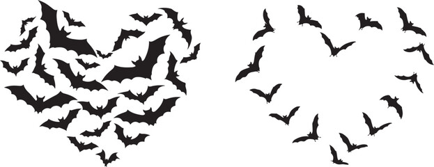 Black Bat Silhouettes Forming Two Heart Shapes on a White Background