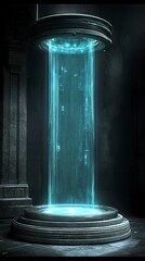 A mysterious glowing pillar emanating bright energy in a dark space