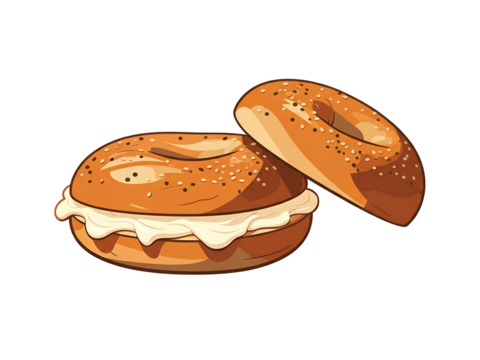 Two bagels are depicted, one sliced and filled with cream cheese, the other resting beside it, both sprinkled with seeds.