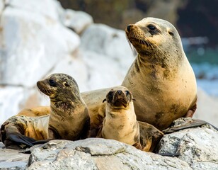 Obraz premium Seals resting on rocks by the ocean