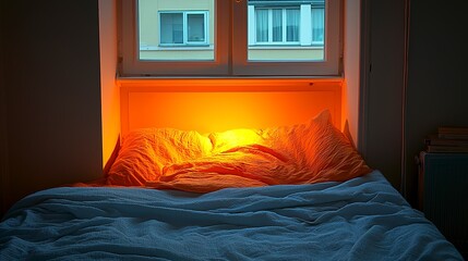 A bedroom with warm lighting illuminating a soft orange bed