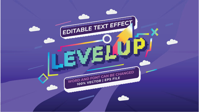 Level Up game pixelated vector text effect. Editable 3D pixel font style.