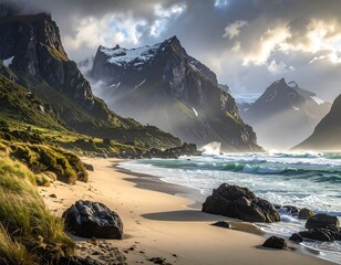 Majestic mountain beach scene at dawn