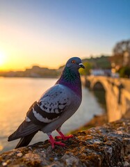 Pigeon perched on stone wall at sunset over river