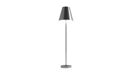 Sleek, modern floor lamp with a tapered shade stands out against a black background.