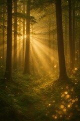Obraz premium Golden hour sunburst through ancient forest creating magical bokeh light effects
