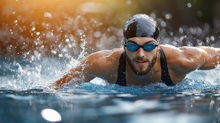 A male swimmer demonstrating the butterfly stroke in the pool