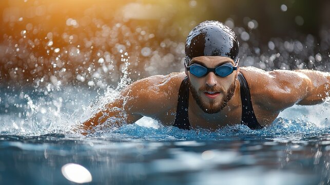 A male swimmer demonstrating the butterfly stroke in the pool